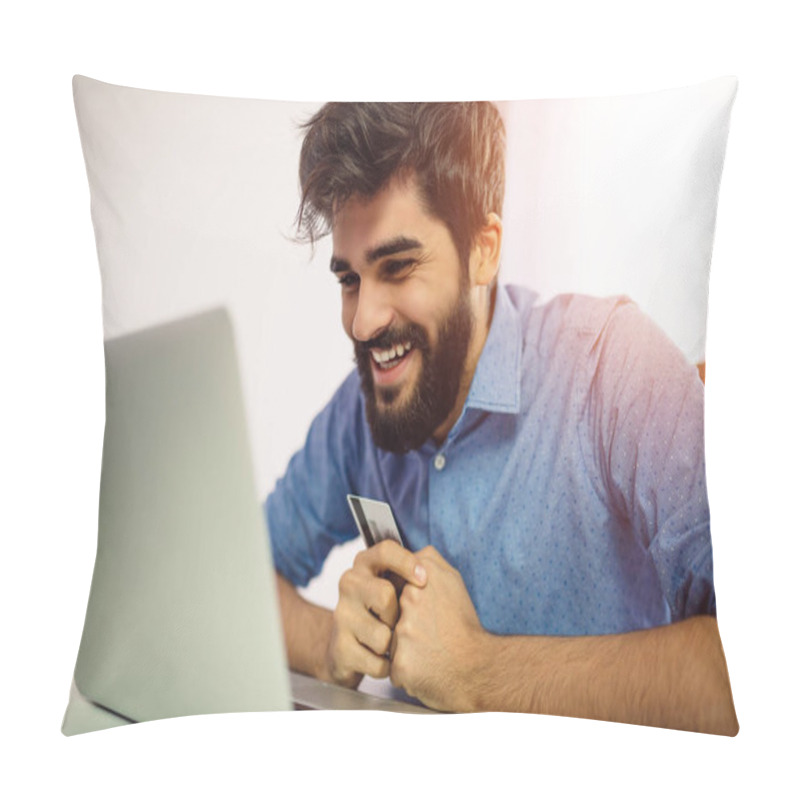 Personality  Young Happy Handsome Male Model Shopping Online. Pillow Covers