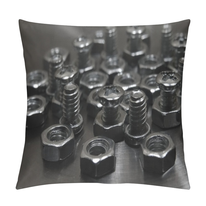 Personality  Hardware Shop. Screw Bolts And Hex Nuts Closeup Texture Background  Pillow Covers