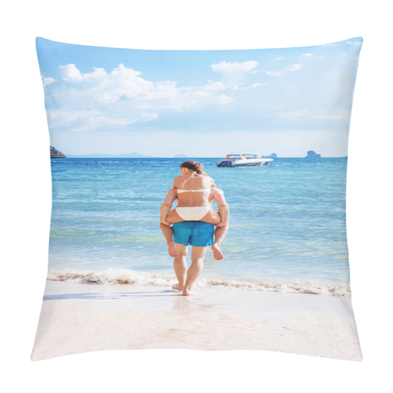 Personality  Happy Couple In Love Boyfriend Carrying His Girlfriend In Sea On A Tropic Beach From The Back Pillow Covers