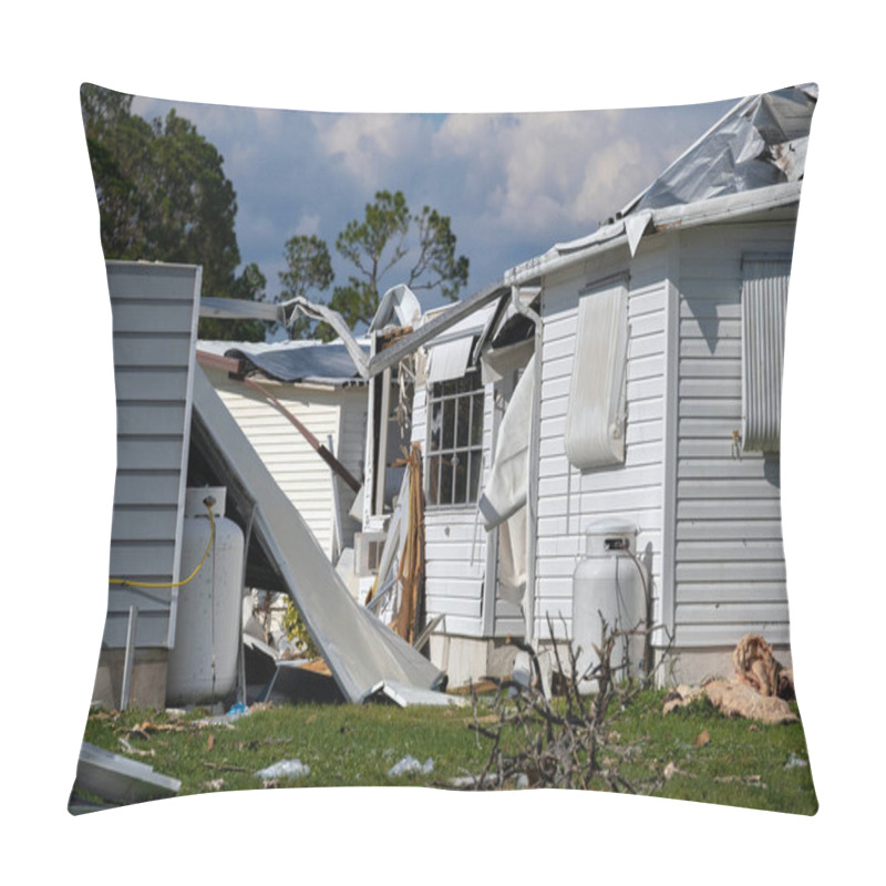 Personality  Severely Damaged Houses After Hurricane Ian In Florida Mobile Home Residential Area. Consequences Of Natural Disaster. Pillow Covers