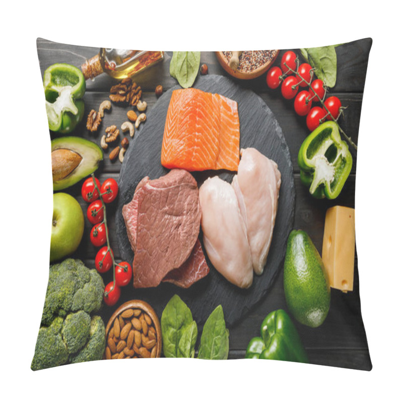 Personality  Top View Of Raw Salmon, Meat And Chicken Breasts On Wooden Black Table With Vegetables And Nuts, Ketogenic Diet Menu Pillow Covers