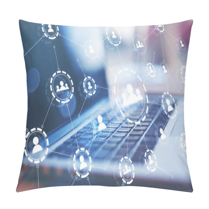 Personality  Multiple Application Hologram Icons With A Laptop On The Desk In The Background, Social Media And Communication Concept, Double Exposure Pillow Covers