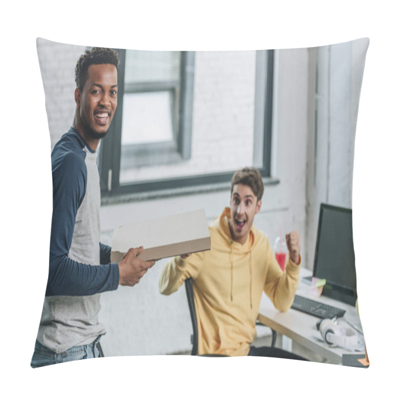 Personality  Cheerful African American Programmer Holding Pizza Box While Colleague Showing Yes Gesture Pillow Covers