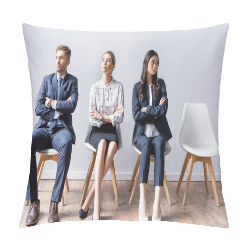 Personality  Multicultural Business People Sitting With Crossed Arms On Chairs In Hall  Pillow Covers