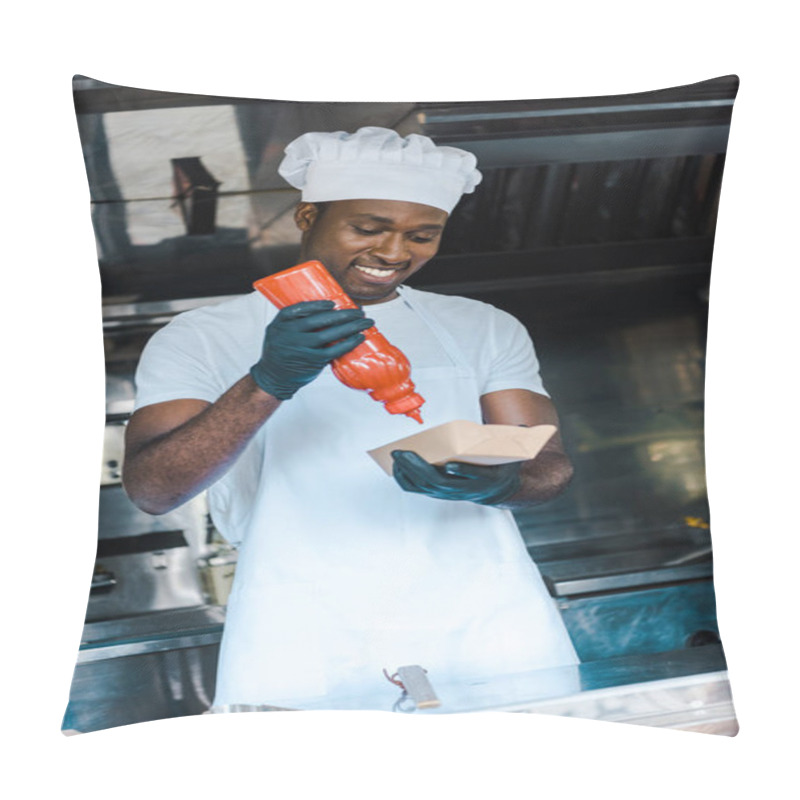 Personality  Cheerful African American Man Holding Ketchup Bottle Near Carton Plate  Pillow Covers