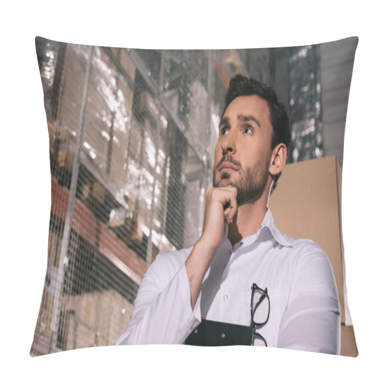 Personality  Thoughtful Storekeeper Looking Away While Standing In Warehouse Pillow Covers