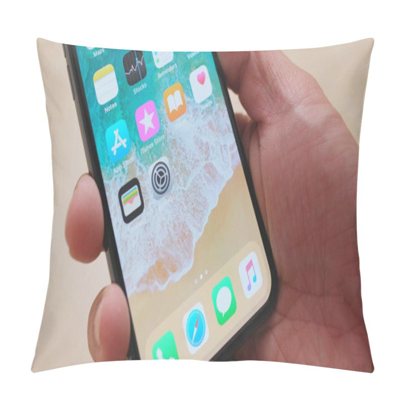 Personality  Hong Kong, Hong Kong - 01 March 2018: Hand Holding IphoneX  Pillow Covers