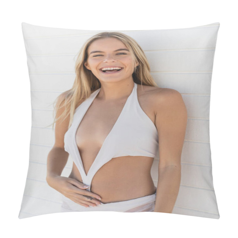 Personality  A Stunning Blonde Woman Showcasing Her Beauty While Posing In A Chic White Bikini On The Miami Beach. Pillow Covers