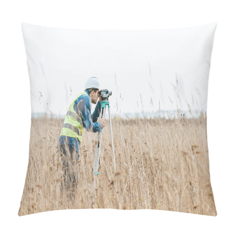 Personality  Side View Of Surveyor With Digital Level Measuring Field Pillow Covers