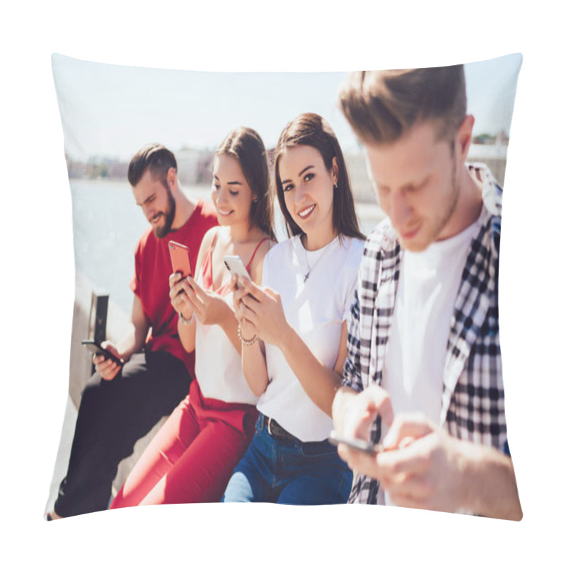 Personality  Portrait Of Cheerful Woman Enjoying Gather Meeting With Caucasian Hipster Guys Playing Online Games By Synchronized Smartphone Gadgets Connected To Bluetooth, Youthful Millennial Browsing Wireless Pillow Covers