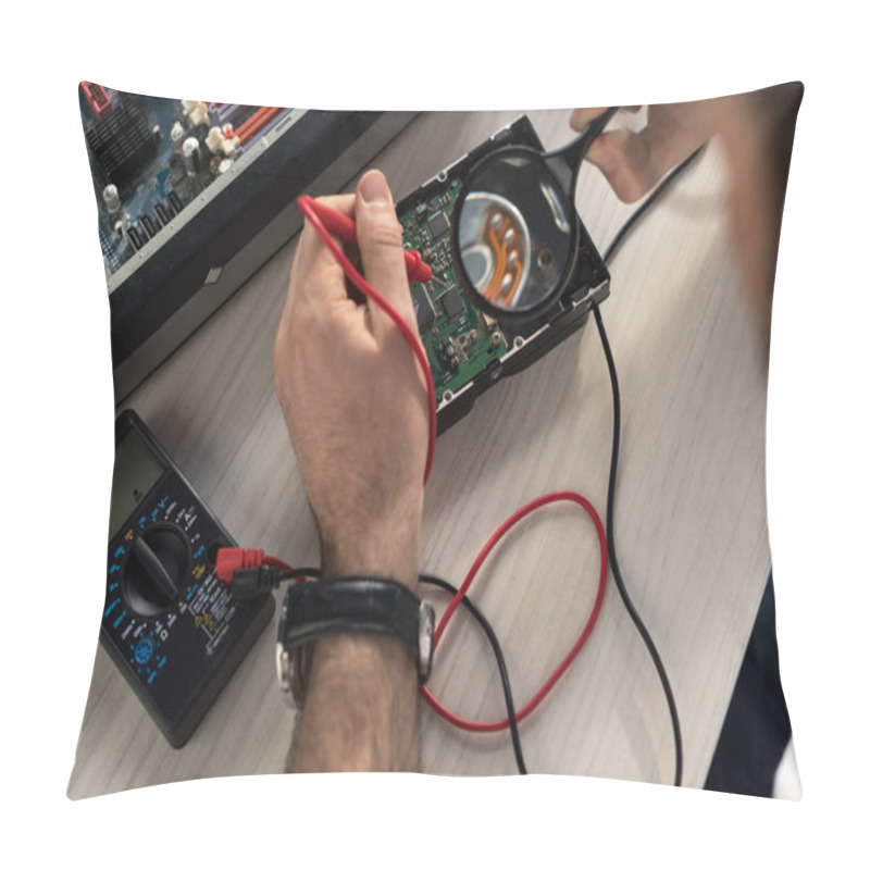 Personality  Cropped Image Of Repairman Using Multimeter While Testing Hard Disk Drive     Pillow Covers