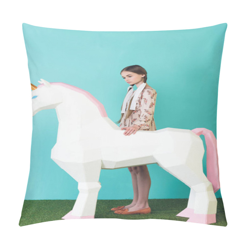 Personality  Fashionable Teen Girl With Big White Unicorn On Turquoise Pillow Covers