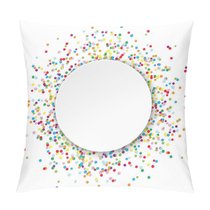 Personality  Colored Confetti Behind Empty Round Frame For Party Or Carnival Greetings On White Background Pillow Covers