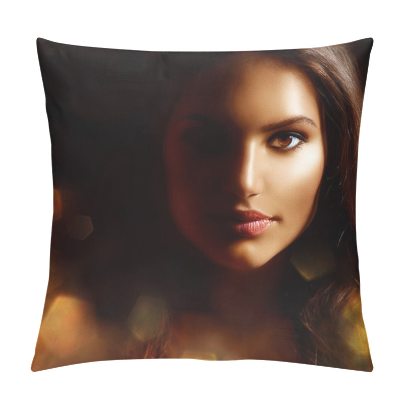 Personality  Beauty Girl Dark Portrait With Golden Sparks. Mysterious Woman Pillow Covers