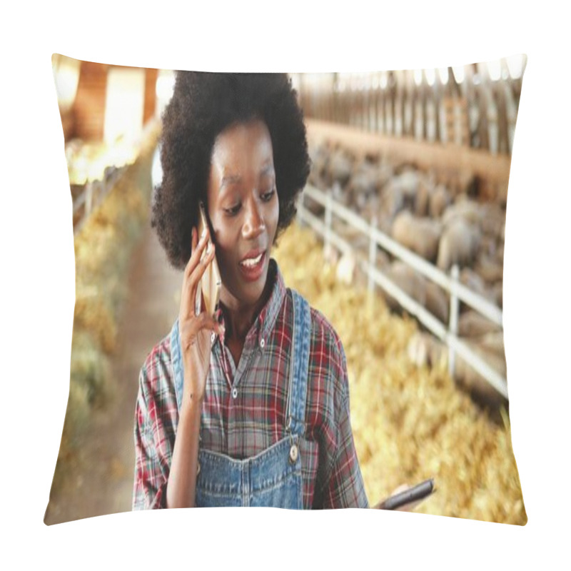 Personality  Young African American Pretty Woman Using Tablet Device And Talking On Mobile Phone In Farm Stable. Female Farmer Tapping And Scrolling On Gadget Computer In Shed. Girl Speaking On Cellphone Pillow Covers