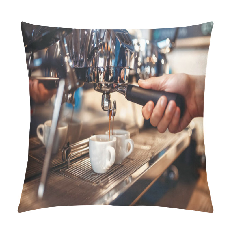 Personality  Barista Hand Pours Beverage From Coffee Machine. Professional Espresso Preparation By Bartender Pillow Covers