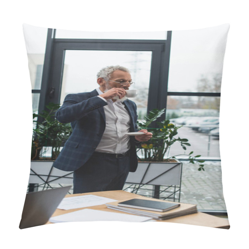 Personality  Middle Aged Businessman Drinking Coffee Near Laptop And Papers In Office  Pillow Covers