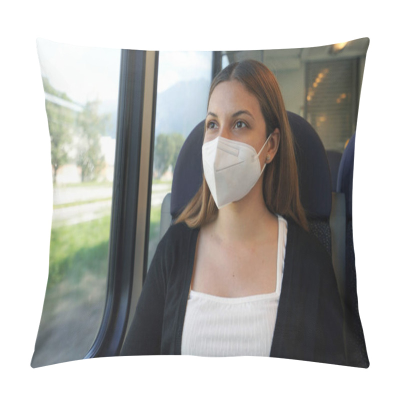 Personality  Travel Safely On Public Transport. Young Woman With KN95 FFP2 Face Mask Looking Through Train Window. Train Passenger With Protective Mask. Pillow Covers