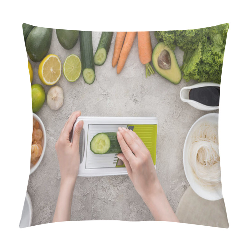 Personality  Top View Of Woman Grating Cucumber Among Ingredients  Pillow Covers