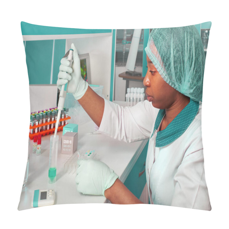 Personality  African Scientists, Technical Assistants Or Graduates In Lab Coats And Gloves Perform PCR Testing Of Patient Samples In Hospital Test Lab. Troubleshooting RT-PCR Kits To Diagnose Covid-19 Patients. Pillow Covers