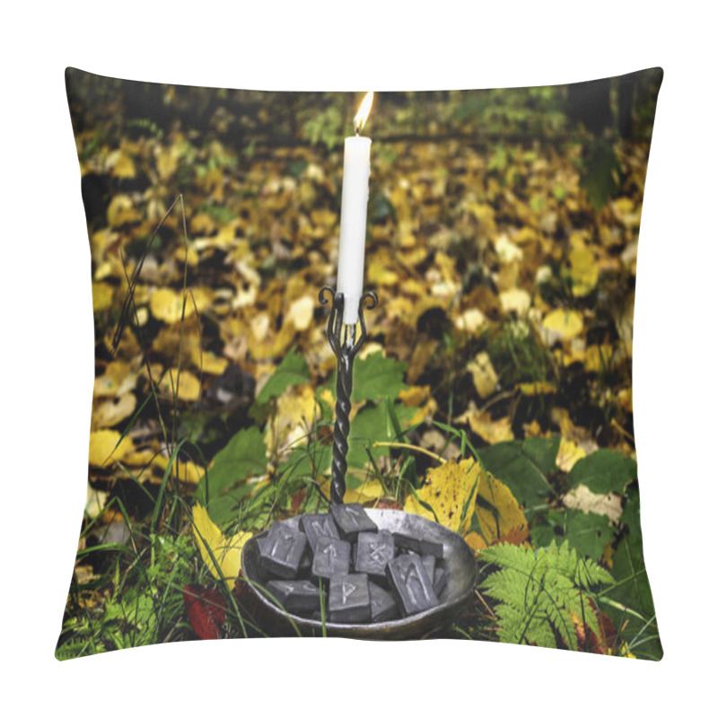 Personality  Norse Runes In A Forged Bowl With A Candle On The Background Of Autumn Forest Foliage. Pillow Covers