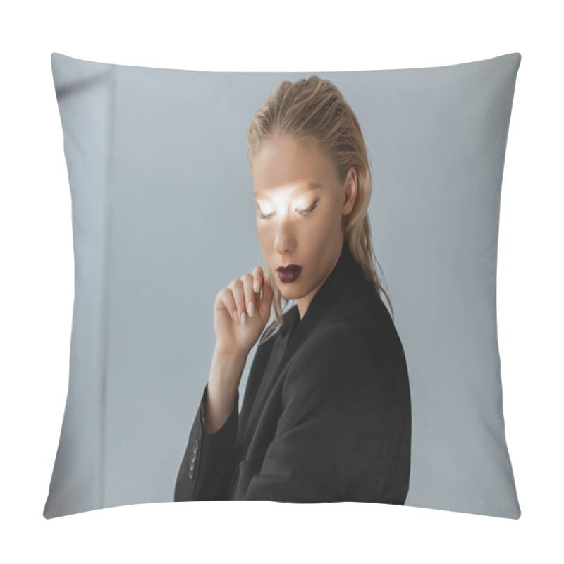 Personality  Beautiful Model Posing In Formal Wear With Light Beam On Face On Grey Pillow Covers