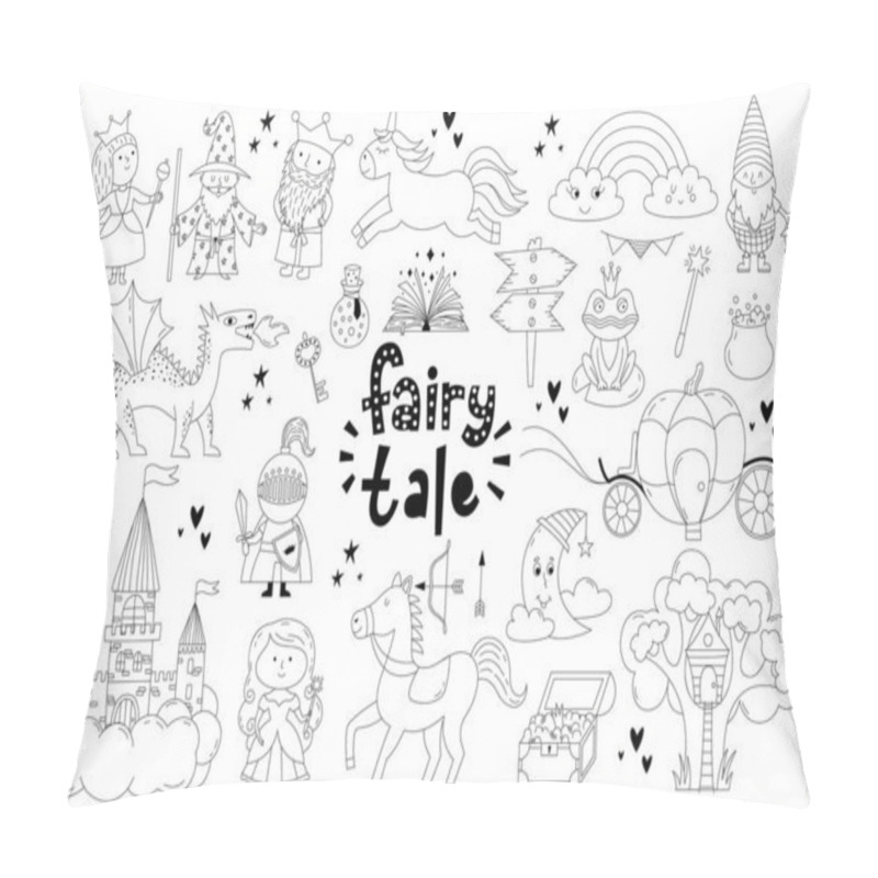 Personality  Set Of Fairy Tale Objects Collection. Hand Drawn Doodle Illustration With Unicorn, King, Queen, Prinncess, Magic Book, Dragon, Castle, Carriage, Knight Etc. Pillow Covers