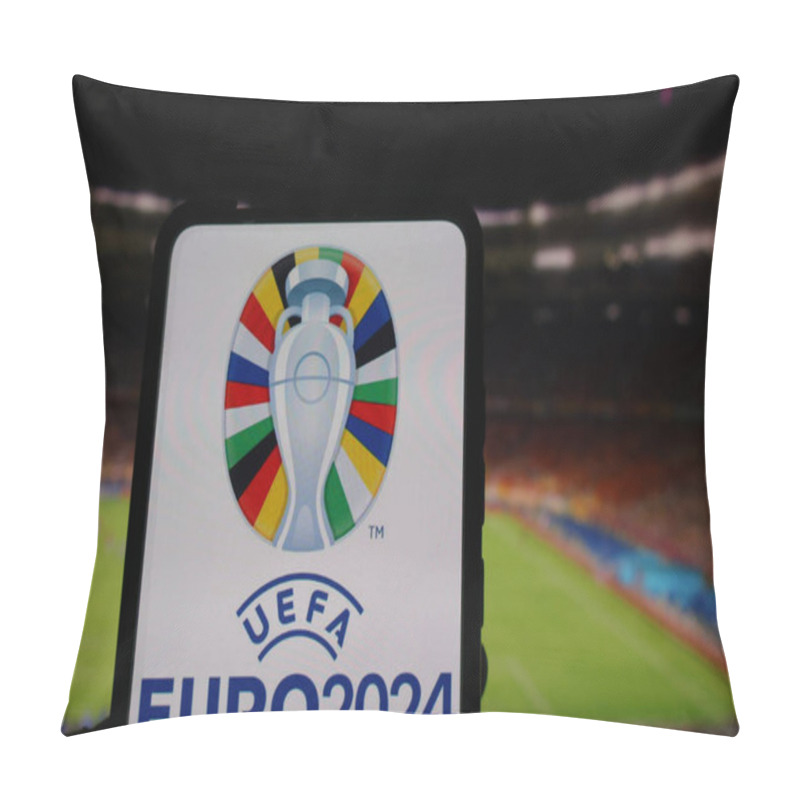 Personality  In This Photo Illustration, UEFA Euro 2024 (2024 UEFA European Football Championship) Logo Is Seen On A Smartphone On The Background Of Watching A Football Match. Pillow Covers