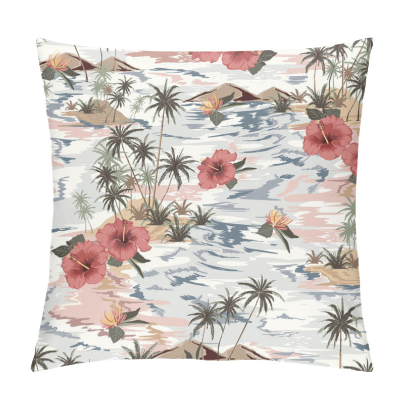 Personality  Seamless Pattern With Palm Trees And Hibiscus Flowers On Wavy Background Pillow Covers