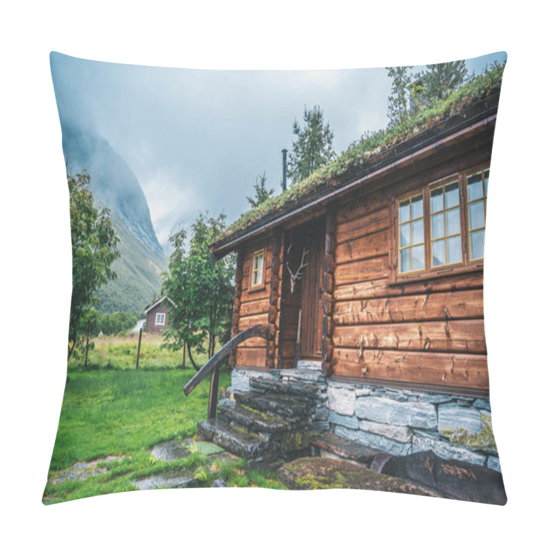 Personality  Traditional Wooden Norwegian Cabins In Foggy Mountains Pillow Covers