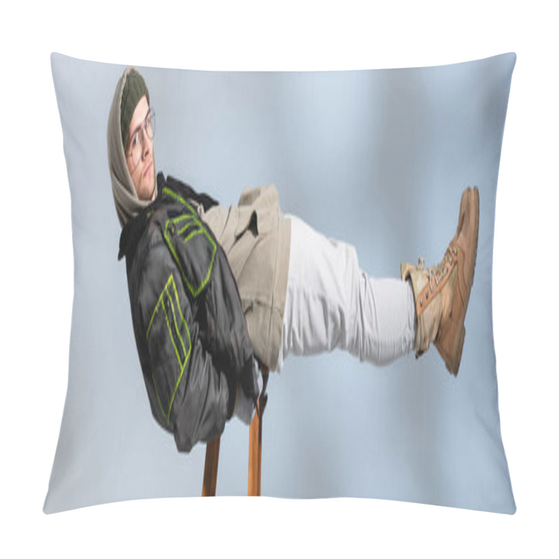 Personality  Young Trendy Man In Hat And Anorak Lying Horizontally On Wooden Stool On Grey, Banner Pillow Covers