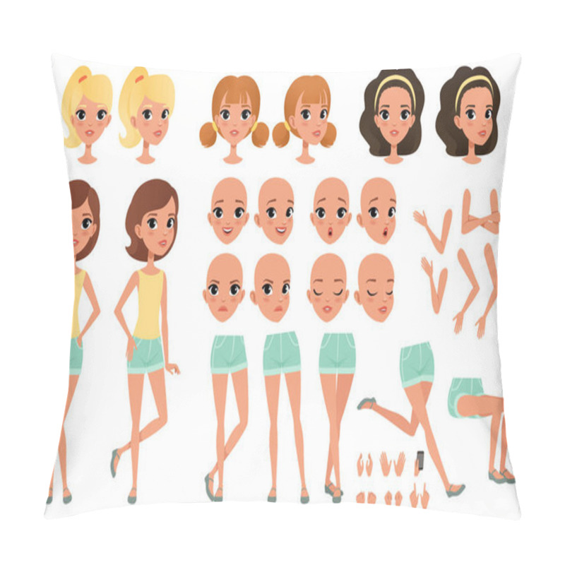 Personality  Teenager Girl Character Creation Set With Various Views, Poses, Face Emotions, Hands Gestures And Haircuts. Female Character Full Length Portrait. Isolated Flat Vector Pillow Covers