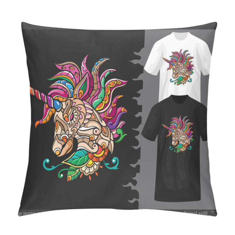 Personality  Unicorn Head Mandala Arts Isolated On Black And White T Shirt. Pillow Covers