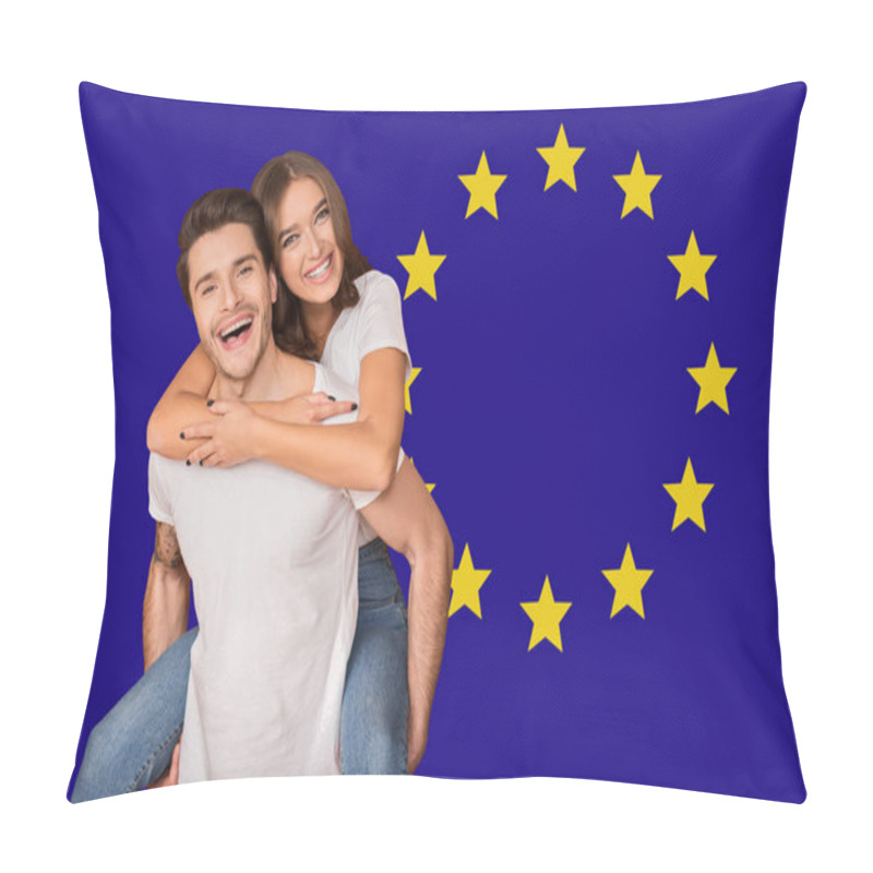 Personality  Immigration In Eu. Happy Young Couple Posing Over Europe Union Flag Pillow Covers