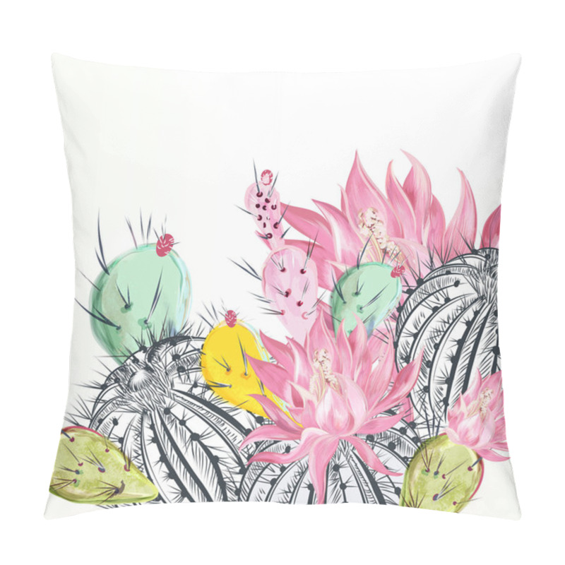 Personality  Beautiful Vector Illustration With Cactus Plants And Flowers Pillow Covers