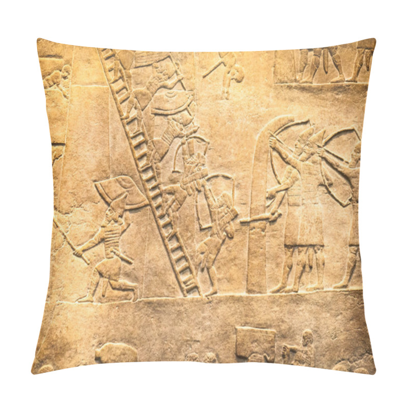 Personality  29. 07. 2015, LONDON, UK, BRITISH MUSEUM - Details From The Assyrian Wall Showing Egyptian Buildings In The Background. In The Foreground, Nubian Prisoners Wear Feather Headdresses Pillow Covers