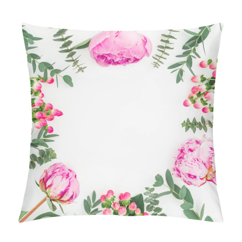 Personality  Floral Frame Of Pink Peonies Flowers, Hypericum And Eucalyptus Branches On White Background. Flat Lay, Top View Pillow Covers