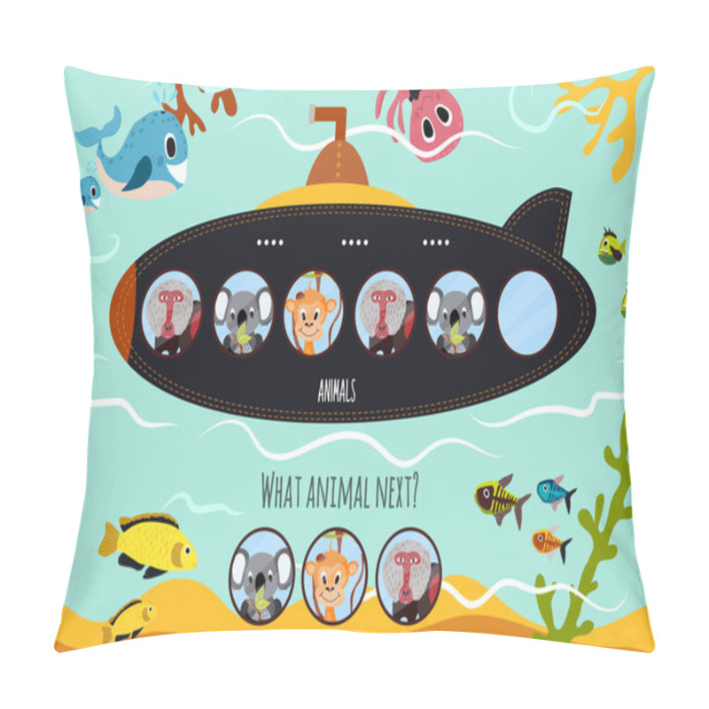 Personality  Cartoon Vector Illustration Of Education Will Continue The Logical Series Of Colourful Animals On Submarine In The Ocean Among Sea Animals. Matching Game For Preschool Children. Vector Pillow Covers