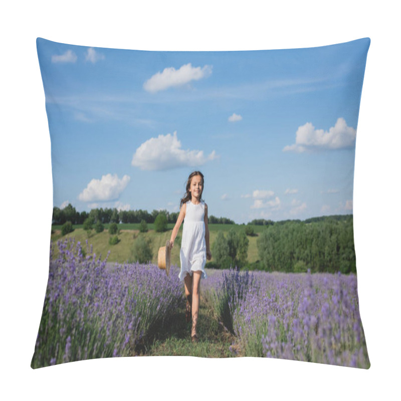 Personality  Full Length Of Smiling Girl In White Summer Dress Walking In Meadow Of Blooming Lavender Pillow Covers