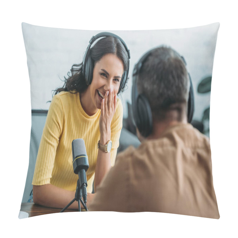 Personality  Selective Focus Of Cheerful Radio Host Laughing While Recording Podcast With Colleague  Pillow Covers