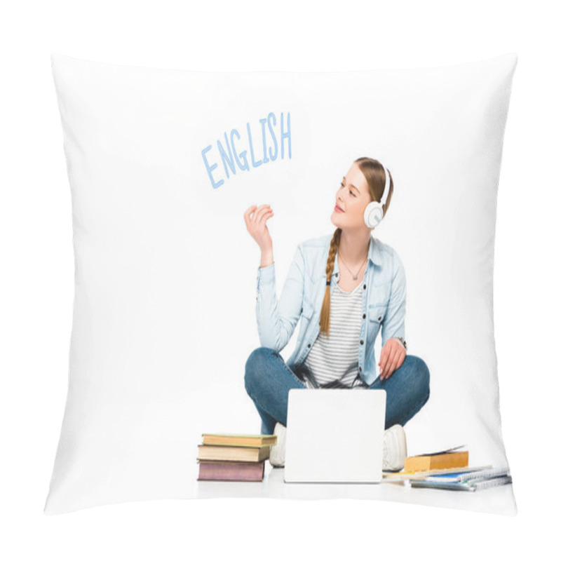 Personality  Smiling Girl Sitting On Floor In Headphones With Speech Bubble With English Lettering Near Laptop, Books And Copybooks Isolated On White Pillow Covers