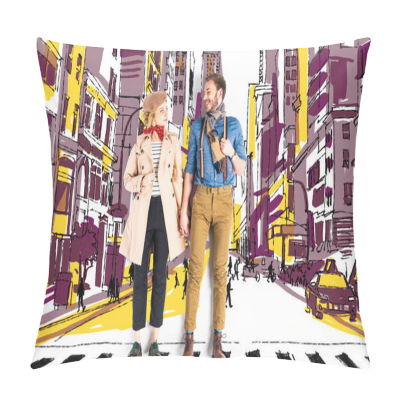 Personality  Elegant Couple Holding Hands With City Street Illustration On Background Pillow Covers