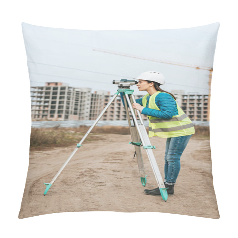 Personality  Surveyor Working With Digital Level On Dirt Road Pillow Covers