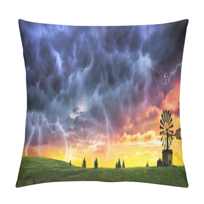 Personality  Thunderstorm And Lightning At Sunset In Country Field Pillow Covers