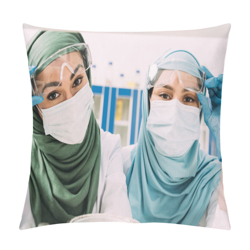 Personality  Female Muslim Chemists In Medical Masks And Hijab Looking At Camera In Laboratory Pillow Covers