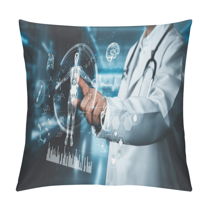 Personality  Close Up Of Professional Doctor Checking And Looking At Human Examination Report. Doctor Looking At X Ray And Analyzing Symptom From HUD Dashboard Whole Body Holographic With Heart Pulse. Remedial. Pillow Covers