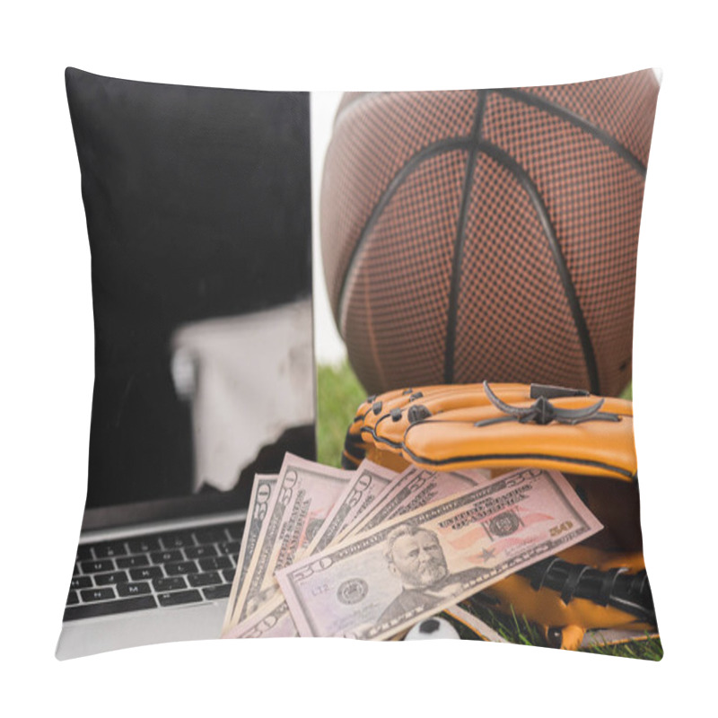 Personality  Close Up View Of Dollar Banknotes In Baseball Glove Near Toy Soccer Ball, Laptop And Basketball Ball Isolated On White, Sports Betting Concept Pillow Covers