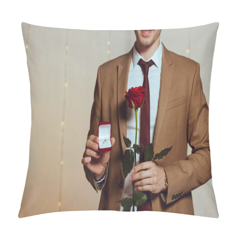 Personality  Partial View Of Elegant Man Holding Box With Wedding Ring And Red Rose While Standing In Restaurant Pillow Covers