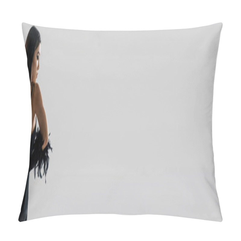 Personality  Woman In Dark Hair, Black Outfit, Feathers On Gloves. Pillow Covers