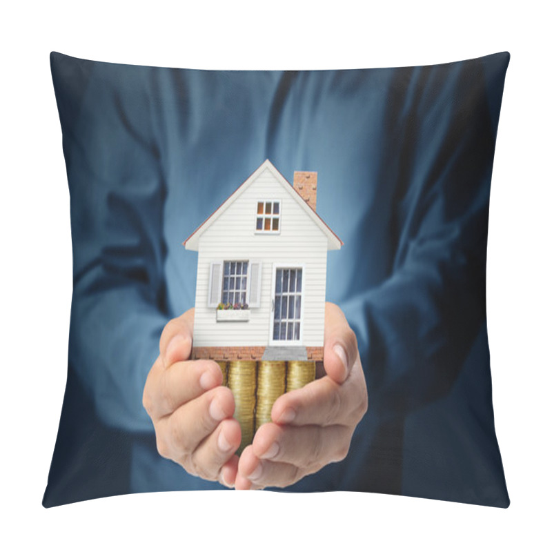 Personality  Holding House Representing Home Ownership  Pillow Covers